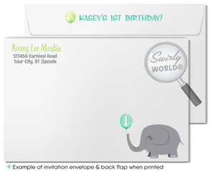 Celebrate your little one's first journey around the sun with our "Little Peanut" Elephant Invitation Design Set. This gender-neutral set features pastel blue, green, and gray, perfect for an unforgettable 1st birthday. Expertly printed and shipped, it includes invitations, thank you cards, and envelopes.