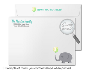 Celebrate your little one's first journey around the sun with our "Little Peanut" Elephant Invitation Design Set. This gender-neutral set features pastel blue, green, and gray, perfect for an unforgettable 1st birthday. Expertly printed and shipped, it includes invitations, thank you cards, and envelopes.