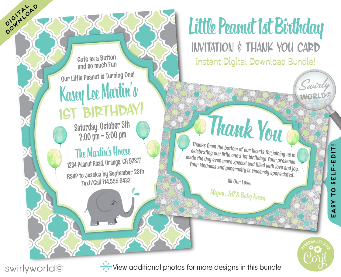 "Little Peanut" Gender Neutral Baby Elephant First 1st Birthday Party Digital Invitations