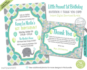 "Little Peanut" Gender Neutral Baby Elephant First 1st Birthday Party Digital Invitations