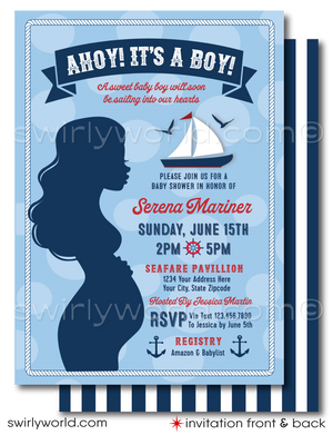 Celebrate your little sailor with the "Ahoy It's A Boy" Sailboat Invitation Set! Includes a charming invitation, thank you card, and matching envelopes in red, white, and blue. Features nautical elements like sailboats and anchors. Printed on thick card stock and shipped to your doorstep. Perfect for an ocean-inspired baby shower.