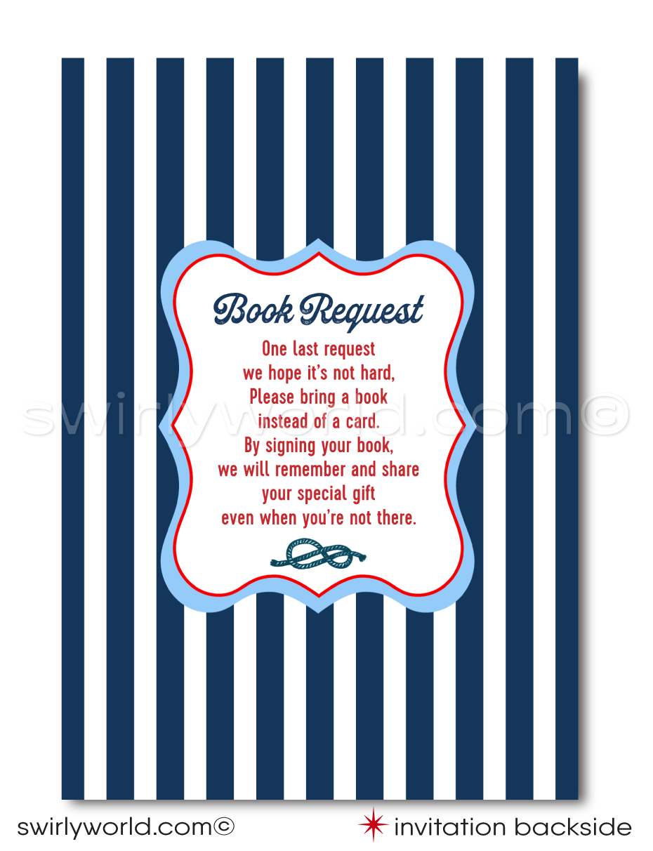 Celebrate your little sailor with Swirly World's "Ahoy It's A Boy" Sailboat Digital Invitation Set! Includes a seafaring invite, thank you card, and matching envelopes in red, white, and blue. Features editable wording on Corjl, with nautical elements like sailboats and anchors. Perfect for an ocean-inspired baby shower.