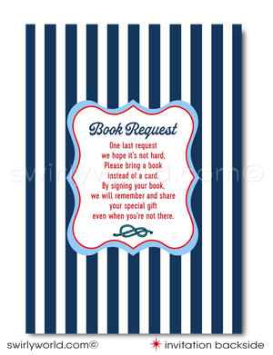 Celebrate your little sailor with Swirly World's "Ahoy It's A Boy" Sailboat Digital Invitation Set! Includes a seafaring invite, thank you card, and Book Request Card in red, white, and blue. Features editable wording on Corjl, with nautical elements like sailboats and anchors. Perfect for an ocean-inspired baby shower.