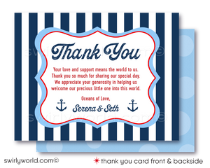 Celebrate your little sailor with Swirly World's "Ahoy It's A Boy" Sailboat Digital Invitation Set! Includes a seafaring invite, thank you card, and matching envelopes in red, white, and blue. Features editable wording on Corjl, with nautical elements like sailboats and anchors. Perfect for an ocean-inspired baby shower.