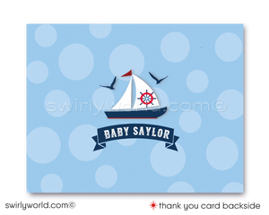 Celebrate your little sailor with the "Ahoy It's A Boy" Sailboat Invitation Set! Includes a charming invitation, thank you card, and matching envelopes in red, white, and blue. Features nautical elements like sailboats and anchors. Printed on thick card stock and shipped to your doorstep. Perfect for an ocean-inspired baby shower.