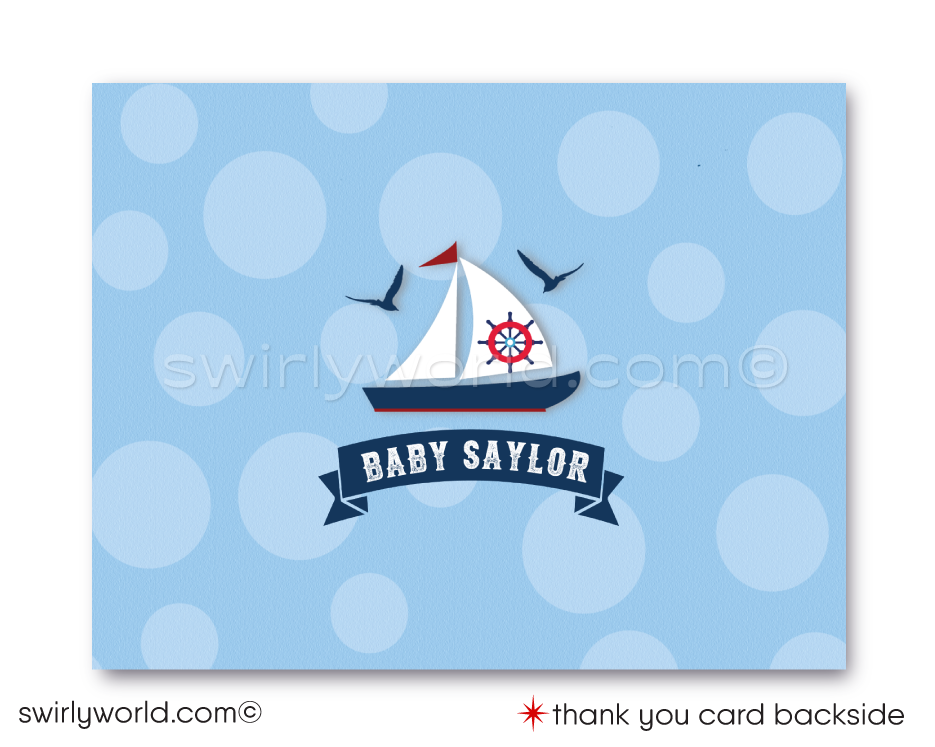 Celebrate your little sailor with Swirly World's "Ahoy It's A Boy" Sailboat Digital Invitation Set! Includes a seafaring invite, thank you card, and matching envelopes in red, white, and blue. Features editable wording on Corjl, with nautical elements like sailboats and anchors. Perfect for an ocean-inspired baby shower.