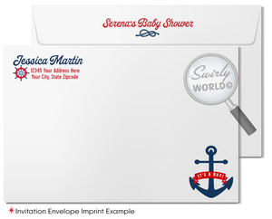 Celebrate your little sailor with Swirly World's "Ahoy It's A Boy" Sailboat Digital Invitation Set! Includes a seafaring invite, thank you card, and matching envelopes in red, white, and blue. Features editable wording on Corjl, with nautical elements like sailboats and anchors. Perfect for an ocean-inspired baby shower.