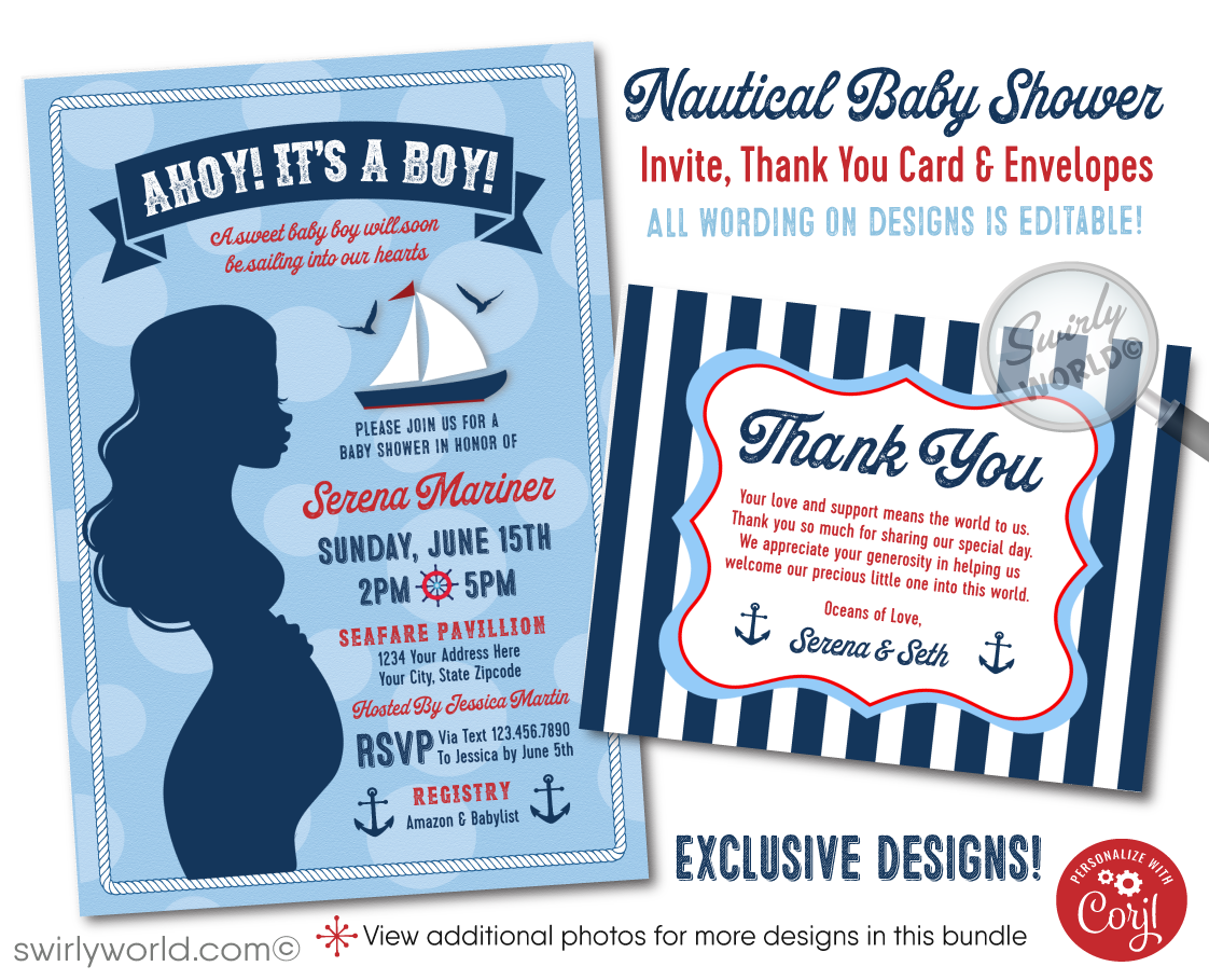 Celebrate your little sailor with Swirly World's "Ahoy It's A Boy" Sailboat Digital Invitation Set! Includes a seafaring invite, thank you card, and matching envelopes in red, white, and blue. Features editable wording on Corjl, with nautical elements like sailboats and anchors. Perfect for an ocean-inspired baby shower.