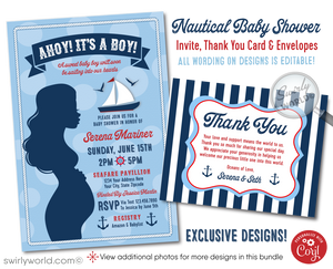 Celebrate your little sailor with Swirly World's "Ahoy It's A Boy" Sailboat Digital Invitation Set! Includes a seafaring invite, thank you card, and matching envelopes in red, white, and blue. Features editable wording on Corjl, with nautical elements like sailboats and anchors. Perfect for an ocean-inspired baby shower.