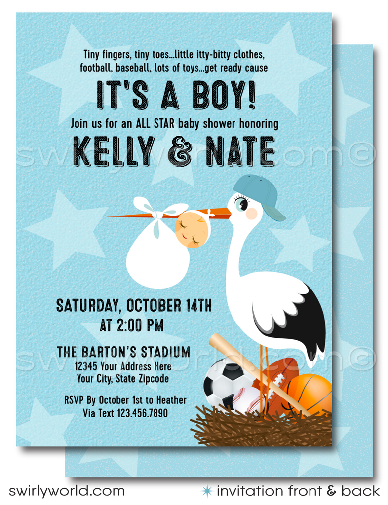 Kick off your baby shower with our All-Star Sports 'It's a Boy' Invitation, thank you card, book request card set! Featuring baseball, soccer, football, and basketball themes with a cute stork design. Fully Editable in Corjl. Perfect for sports fans expecting a new MVP. Includes invites, thank you cards, and envelopes.