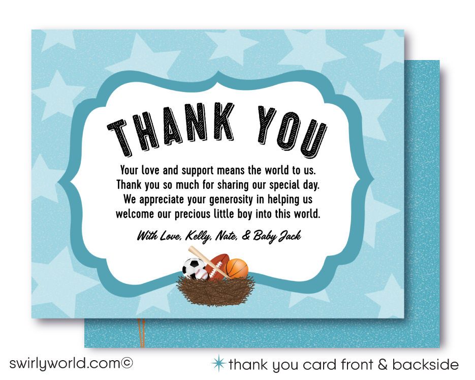 Kick off your baby shower with our All-Star Sports 'It's a Boy' Invitation, thank you card, book request card set! Featuring baseball, soccer, football, and basketball themes with a cute stork design. Fully Editable in Corjl. Perfect for sports fans expecting a new MVP. Includes invites, thank you cards, and envelopes.