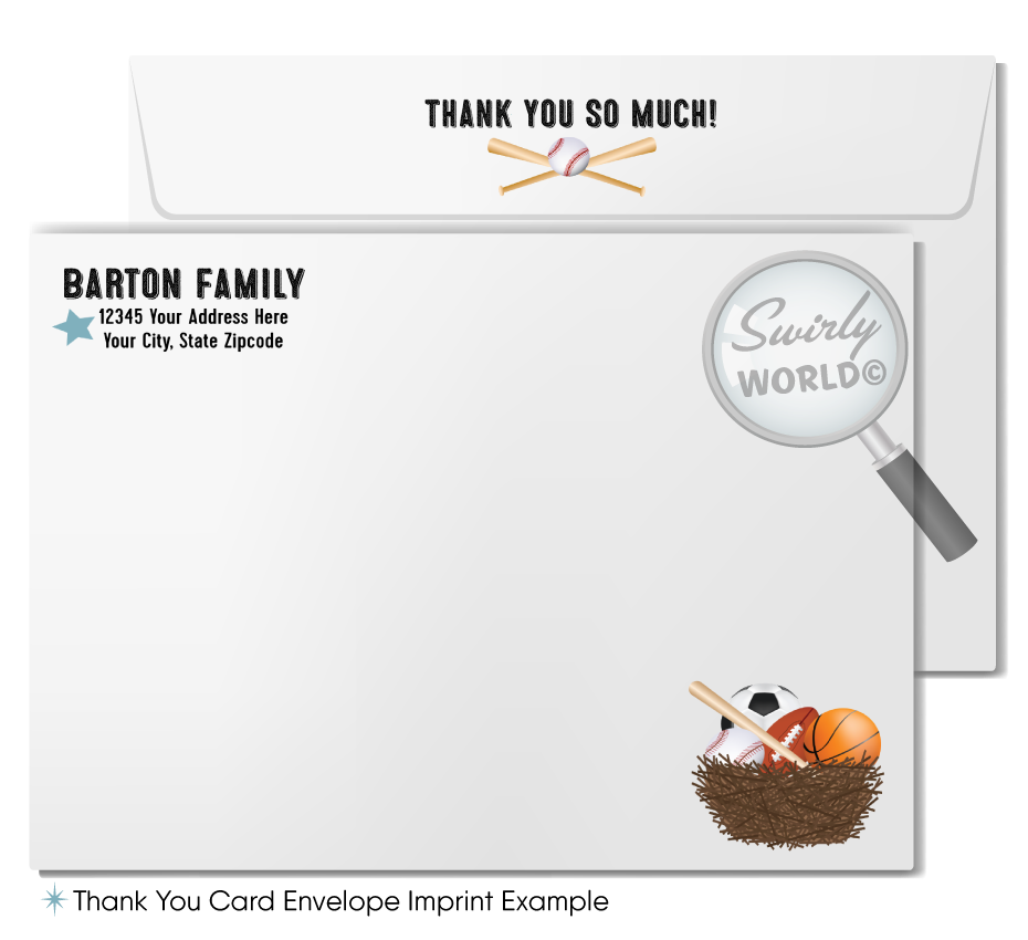 Kick off your baby shower with our All-Star Sports 'It's a Boy' Invitation Bundle! Featuring baseball, soccer, football, and basketball themes with a cute stork design. Editable in Corjl, download instantly. Perfect for sports fans expecting a new MVP. Includes invites, thank you cards, and envelopes.