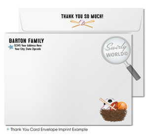 Kick off your baby shower with our All-Star Sports 'It's a Boy' Invitation Bundle! Featuring baseball, soccer, football, and basketball themes with a cute stork design. Editable in Corjl, download instantly. Perfect for sports fans expecting a new MVP. Includes invites, thank you cards, and envelopes.