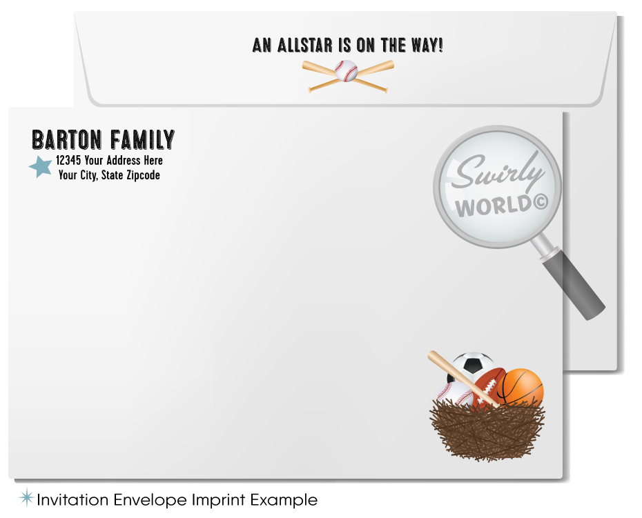 Kick off your baby shower with our All-Star Sports 'It's a Boy' Invitation Bundle! Featuring baseball, soccer, football, and basketball themes with a cute stork design. Editable in Corjl, download instantly. Perfect for sports fans expecting a new MVP. Includes invites, thank you cards, and envelopes.