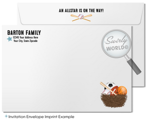 Kick off your baby shower with our All-Star Sports 'It's a Boy' Invitation Bundle! Featuring baseball, soccer, football, and basketball themes with a cute stork design. Editable in Corjl, download instantly. Perfect for sports fans expecting a new MVP. Includes invites, thank you cards, and envelopes.