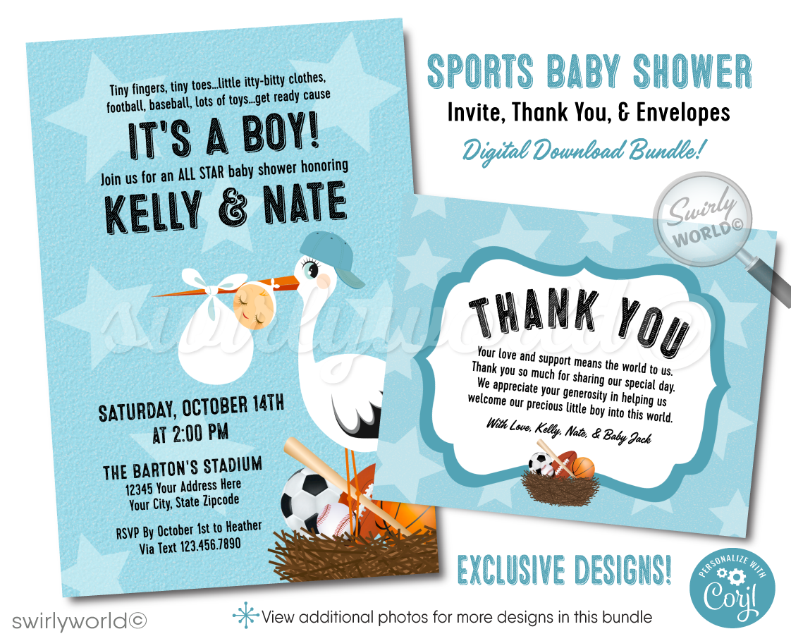 Kick off your baby shower with our All-Star Sports 'It's a Boy' Invitation Bundle! Featuring baseball, soccer, football, and basketball themes with a cute stork design. Editable in Corjl, download instantly. Perfect for sports fans expecting a new MVP. Includes invites, thank you cards, and envelopes.