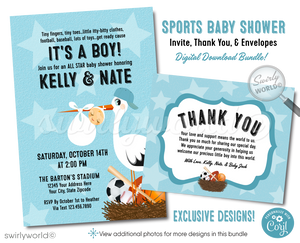 Kick off your baby shower with our All-Star Sports 'It's a Boy' Invitation Bundle! Featuring baseball, soccer, football, and basketball themes with a cute stork design. Editable in Corjl, download instantly. Perfect for sports fans expecting a new MVP. Includes invites, thank you cards, and envelopes.