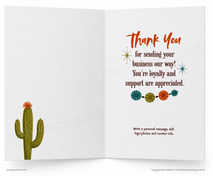 An open greeting card with a white interior. The left panel shows a simple green cactus with small orange flowers near the bottom left.