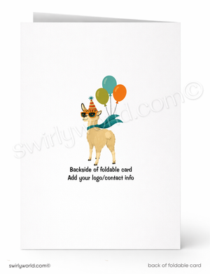 A folded white card shown front and back on a white background. The front features a cartoon llama wearing sunglasses and a party hat with teal, green, and orange balloons, plus placeholder text reading 'Backside of foldable card' and 'Add your logo/contact info'.