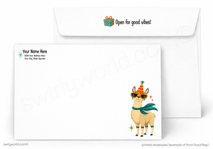 A set of printed white envelopes shown on a light gray background. The front envelope features a cartoon llama wearing a party hat and scarf with small star accents, and the back envelope has printed text fields and the phrase 'Open for good vibes!' with a small gift icon.