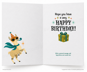 An open greeting card with a white background, featuring a cartoon llama wearing a party hat, sunglasses, and a teal scarf on the left, and 'Hope you have a very HAPPY BIRTHDAY!' with a green gift box illustration on the right.