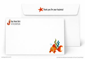 Business card with cartoon fish and starfish design, featuring text 'Thank you for your business!'.