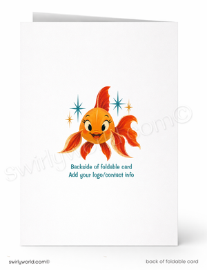 Backside of a foldable card with a cartoon goldfish on a white background