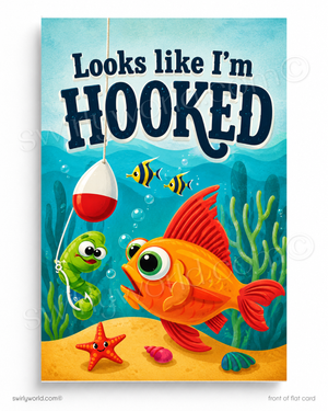 Funny Customer Appreciation Card | Looks Like I'm Hooked Vintage Fishing Cartoon