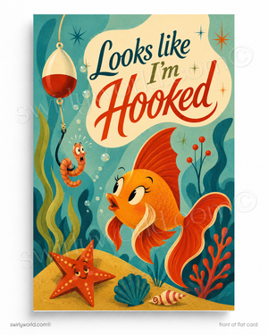 Illustration of a fish and a crab with text 'Looks like I'm Hooked' underwater scene.