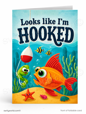 Funny Customer Appreciation Card | Looks Like I'm Hooked Vintage Fishing Cartoon