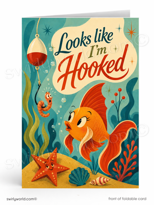 Card with a fish and worm character underwater, text 'Looks like I'm Hooked', colorful design