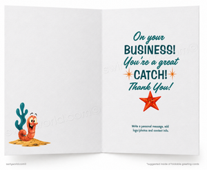Open card with cartoon character and celebratory text on a white background