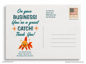 Postcard with a goldfish illustration and text on a white background