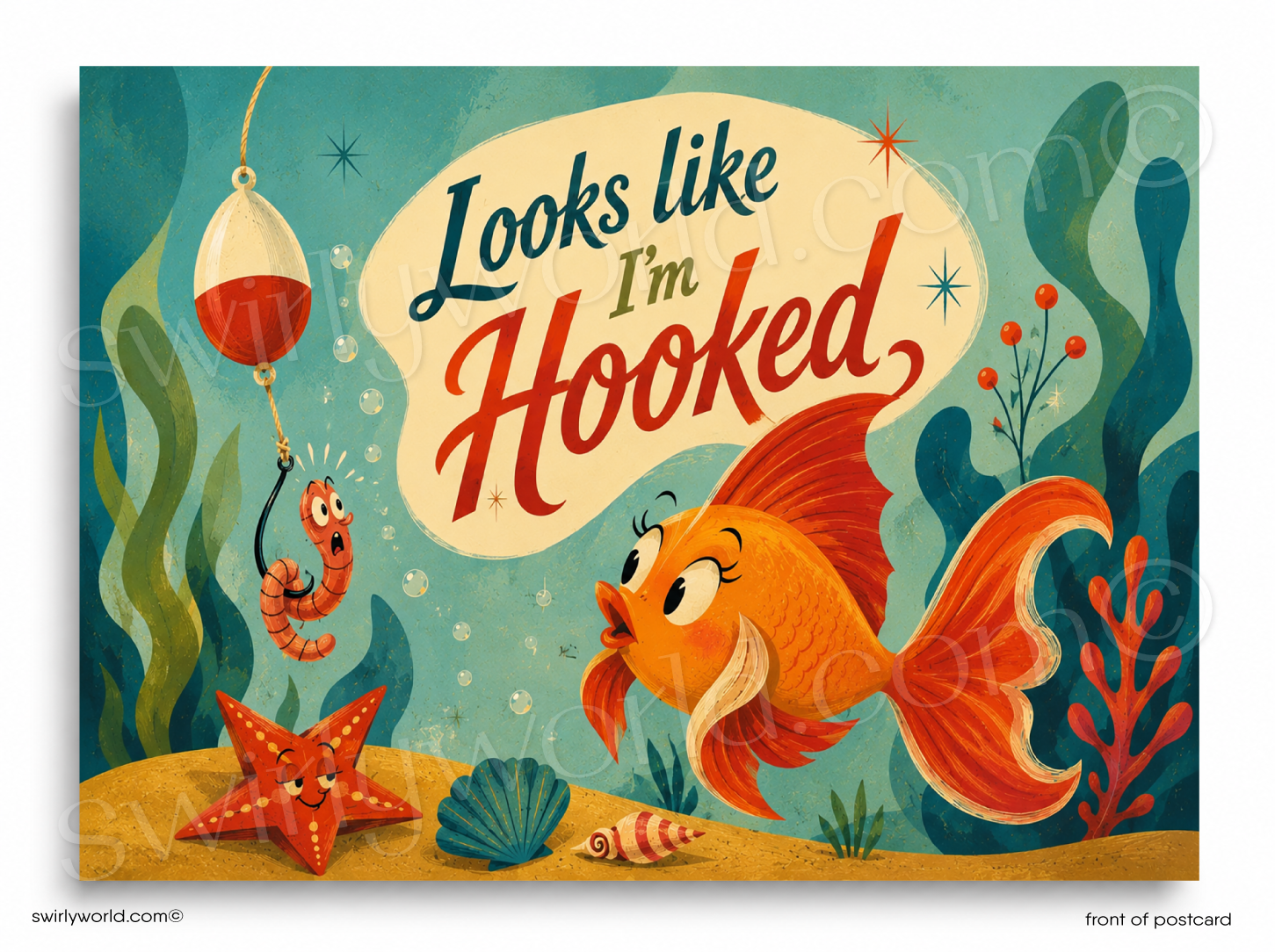 Cartoon fish with a speech bubble saying 'Looks like I'm Hooked' in an underwater scene.