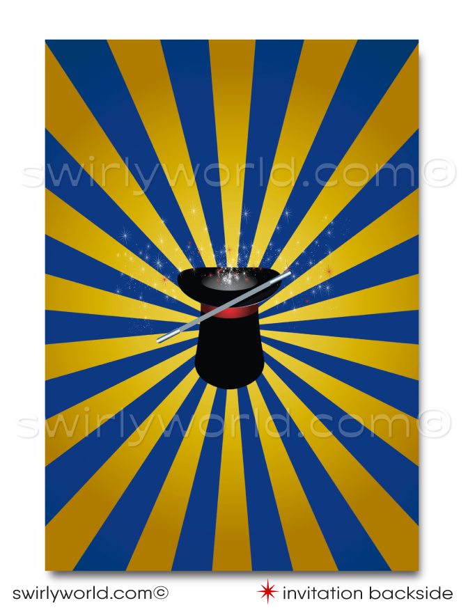 Step into a world of enchantment with our Magician Party Printed Invitation Set. Featuring a top hat and magic wand against a red theater curtain, this set includes matching thank you cards and envelopes. Easily editable, it ensures a seamless magical experience for your child's celebration.