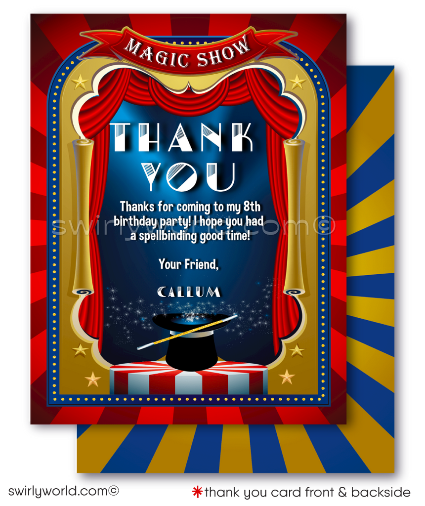 Step into a world of enchantment with our Magician Party Printed Invitation Set. Featuring a top hat and magic wand against a red theater curtain, this set includes matching thank you cards and envelopes. Easily editable, it ensures a seamless magical experience for your child's celebration.