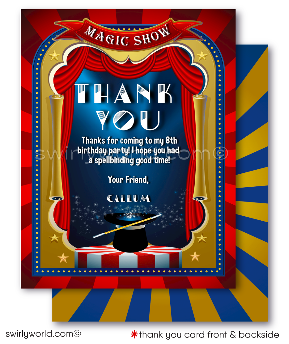 Step into a world of enchantment with our Magician Party Printed Invitation Set. Featuring a top hat and magic wand against a red theater curtain, this set includes matching thank you cards and envelopes. Easily editable, it ensures a seamless magical experience for your child's celebration.