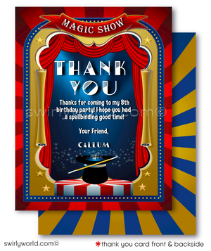 Step into a world of enchantment with our Magician Party Printed Invitation Set. Featuring a top hat and magic wand against a red theater curtain, this set includes matching thank you cards and envelopes. Easily editable, it ensures a seamless magical experience for your child's celebration.
