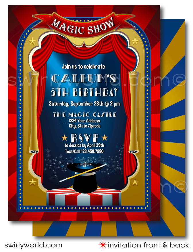 Step into a world of enchantment with our Magician Party Printed Invitation Set. Featuring a top hat and magic wand against a red theater curtain, this set includes matching thank you cards and envelopes. Easily editable, it ensures a seamless magical experience for your child's celebration.