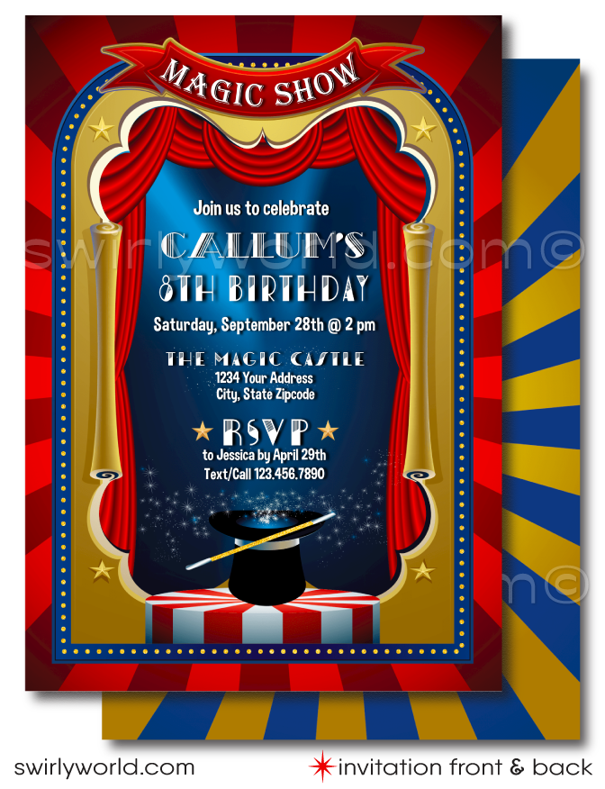Step into a world of enchantment with our Magician Party Digital Invitation Set, designed to spark imagination and wonder for your child's magical celebration. This digital download unveils a spellbinding scene right from the invitation front, featuring an iconic top hat and magic wand set against a backdrop of a red theater curtain and a gilded stage, inviting guests to a spectacle of mystery and fun.
