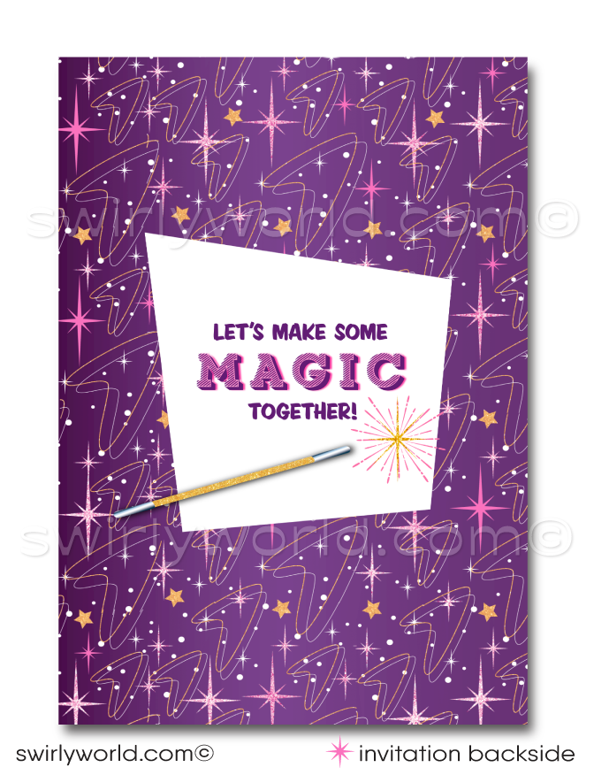 Step into a whimsical world with our Retro Magic Theme Party Printed Invitation Set. Crafted for your child's enchanting celebration, this set dazzles with pink and purple hues and sparkling glitter elements. Includes beautifully designed invitations, thank you cards, and imprinted envelopes. Customizable and magical!