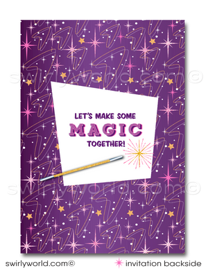 Step into a whimsical world with our Retro Magic Theme Party Printed Invitation Set. Crafted for your child's enchanting celebration, this set dazzles with pink and purple hues and sparkling glitter elements. Includes beautifully designed invitations, thank you cards, and imprinted envelopes. Customizable and magical!