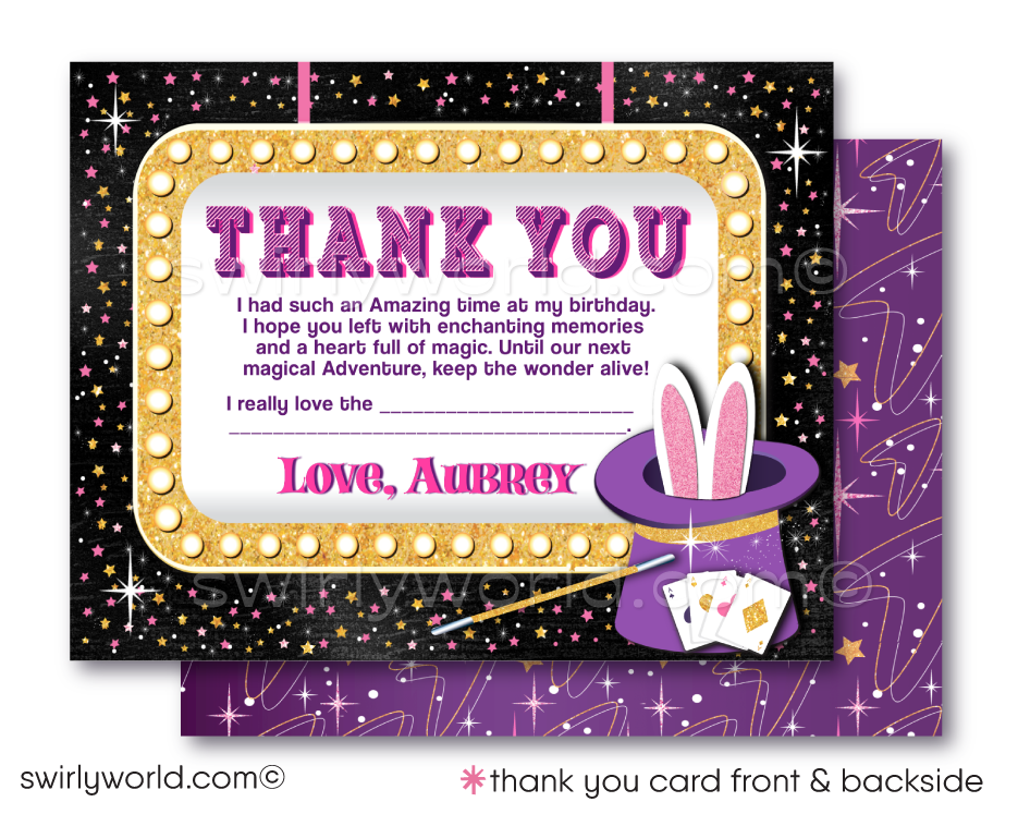 Step into a whimsical world with our Retro Magic Theme Party Printed Invitation Set. Crafted for your child's enchanting celebration, this set dazzles with pink and purple hues and sparkling glitter elements. Includes beautifully designed invitations, thank you cards, and imprinted envelopes. Customizable and magical!