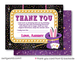 Step into a whimsical world with our Retro Magic Theme Party Printed Invitation Set. Crafted for your child's enchanting celebration, this set dazzles with pink and purple hues and sparkling glitter elements. Includes beautifully designed invitations, thank you cards, and imprinted envelopes. Customizable and magical!