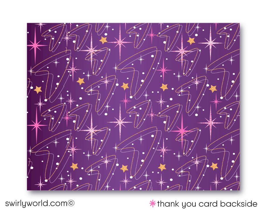 Retro Magic Theme Party Digital Invitation Set - Enchanting Pink & Purple Hues