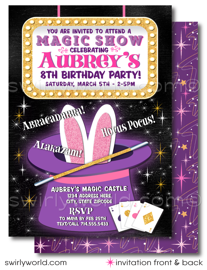 Step into a whimsical world with our Retro Magic Theme Party Printed Invitation Set. Crafted for your child's enchanting celebration, this set dazzles with pink and purple hues and sparkling glitter elements. Includes beautifully designed invitations, thank you cards, and imprinted envelopes. Customizable and magical!