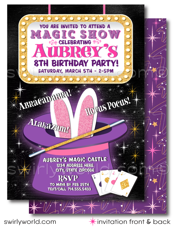 Step into a whimsical world where magic knows no bounds with our Retro Magic Theme Party Digital Invitation Set, perfectly crafted for your little girl's enchanting celebration. This spellbinding digital download dazzles with a blend of pink and purple hues, infused with sparkling glitter elements that promise a gathering filled with wonder and glamour.