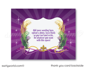 Celebrate a vibrant Sweet 16 with our New Orleans Mardi Gras Masquerade Birthday Party Printed Invitation set! 🎭✨ Featuring purple, green, and gold beads, this set includes digital invitations, thank you cards, and coordinating envelopes. Perfect for a festive and unforgettable celebration! 