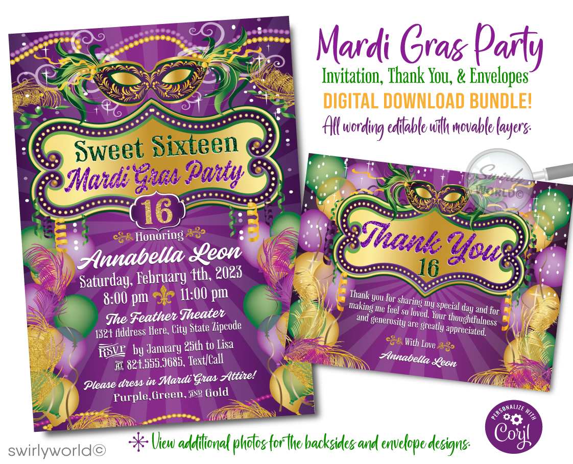 Step into a world of vibrant celebration with our New Orleans Mardi Gras Masquerade Birthday Party Invite Digital Download, perfectly crafted for a Sweet 16 that's as unforgettable as the city that inspires it. This dazzling invitation set captures the essence of Mardi Gras with a festive combination of purple, green, and gold beads, embodying the spirit and excitement of New Orleans' most iconic celebration.