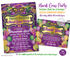 Step into a world of vibrant celebration with our New Orleans Mardi Gras Masquerade Birthday Party Invite Digital Download, perfectly crafted for a Sweet 16 that's as unforgettable as the city that inspires it. This dazzling invitation set captures the essence of Mardi Gras with a festive combination of purple, green, and gold beads, embodying the spirit and excitement of New Orleans' most iconic celebration.